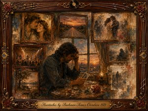 A solitary man sits at a worn table, studying an old photograph as faded romantic memories surround him in ornate rosewood frames. Warm amber, sepia, dusty blue, and muted crimson tones create a bittersweet atmosphere. Painterly oil, acrylic, and watercolor textures blend softly beneath nostalgic lighting, roses, guitar strings, and vintage musical details.