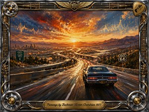 A classic muscle car speeds along sweeping freeway interchanges toward a blazing sunset, surrounded by mountains, distant city lights, and glowing road reflections. Rich orange, gold, blue, and charcoal tones create a bold nostalgic mood. Expressive oil-like brushwork, dramatic lighting, Route 66 signs, and an ornate chrome-and-gold musical frame complete the scene.