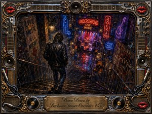 A lone leather-clad figure descends a rain-slicked stairway toward a glowing underground rock club, creating a brooding, restless mood. Deep blues, reds, amber lights, and reflective pavement frame the scene in richly textured painterly detail. Ornate chrome, gold inlay, speakers, strings, microphones, records, and red lips surround the dramatic composition.