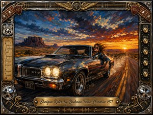 A dark vintage muscle car races along a desert highway beneath a fiery sunset, carrying a windblown passenger who embodies restless freedom. Rich oranges, blues, and chrome reflections create dramatic motion and warmth. Thick oil-paint textures, distant mesas, glowing headlights, road dust, and an ornate music-themed metallic frame evoke rugged 1970s rock nostalgia.