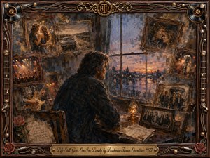 A solitary man sits beside a rain-streaked window at sunset, surrounded by framed memories of romance, travel, concerts, and band life. Warm amber lamplight contrasts with cool blue-gray rain, creating wistful loneliness. Richly textured oil-paint styling, vintage photographs, guitars, records, roses, and ornate metallic framing deepen the nostalgic atmosphere.