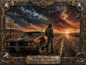 A weathered muscle car sits stranded beside a lonely highway as a solitary driver gazes toward a fiery sunset. Rich oil-painted textures blend rusty oranges, smoky blues, and metallic golds beneath turbulent clouds. An ornate chrome-and-gold musical frame, decorated with guitar strings, hubcaps, badges, and engraved title plate, completes the nostalgic rock-road mood.