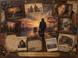 A lone traveler carrying a guitar case walks toward a roadside motel at sunset, surrounded by faded photographs, maps, concert memories, and handwritten notes. Warm amber, sepia, rust, and deep blue tones create a wistful mood. Painterly textures, glowing lights, and ornate musical framing evoke distance, nostalgia, and longing for home.