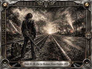 A lone rock musician stands beside railroad tracks and a parallel highway stretching toward a blazing horizon, surrounded by smoky industrial lights and distant structures. Deep charcoal textures, silvery grays, sepia tones, and ember-red accents create a rugged, determined mood. An ornate chrome-and-gold musical frame completes the dramatic 1970s-inspired composition.