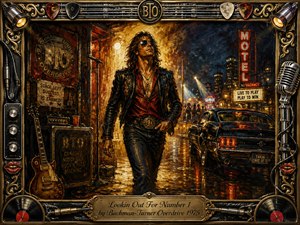 A rugged rock musician strides through a rain-slicked neon city street, framed by guitars, microphones, vinyl records, cables, chrome, and ornate gold detailing. Warm amber stage light contrasts with deep blues and fiery reds, creating a confident, ambitious mood. Rich oil-paint textures give the scene dramatic vintage-rock character.