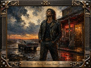 A rugged man in a worn leather jacket stands defiantly beside a neon-lit roadside roadhouse, with a vintage muscle car and wet highway stretching into a stormy sunset. Deep blues, charcoal grays, amber, and red reflections create a resilient mood. Thick painterly textures, dramatic lighting, and an ornate guitar-inspired metallic frame complete the scene.