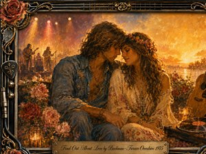 A romantic hippie couple sits closely among roses beside a glowing sunset lake, their faces nearly touching with tender affection. Warm amber, copper, and deep blue tones create a nostalgic atmosphere, while a distant rock band performs beneath stage lights. Rich painterly textures, musical instruments, vinyl, chrome details, and an ornate frame complete the scene.