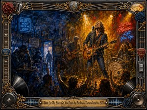 A smoky blues-rock roadhouse glows with deep cobalt shadows and fiery amber stage light as a passionate guitarist-singer leads an energetic band before cheering silhouettes. Rich painterly textures, neon signs, haze, and dramatic contrasts suggest resilience and release, while an ornate chrome-and-gold music-themed frame and engraved title plate complete the vintage concert atmosphere.