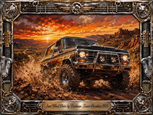 A rugged vintage four-wheel-drive truck charges across a rocky desert trail beneath a blazing sunset, throwing dust and gravel into the air. Warm oranges, reds, golds, and deep shadows create a powerful, adventurous mood. Expressive oil-paint textures, sweeping canyon scenery, chrome highlights, and an ornate automotive-musical frame enhance the hard-driving classic-rock energy.