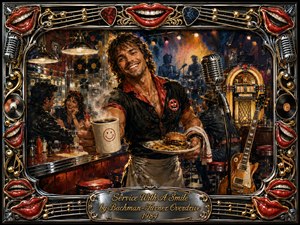 A smiling diner server offers coffee and a burger amid a lively vintage rock-and-roll setting, glowing with warm amber stage lights, chrome reflections, and deep reds. Painterly textures blend realism with nostalgic energy, while guitars, microphones, records, a jukebox, and bright red lips form an ornate musical frame around the cheerful scene.