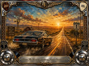 A dark vintage muscle car races along a sunlit prairie highway toward a blazing golden sunset, evoking freedom, motion, and nostalgic adventure. Rich oil-painted textures blend amber, rust, blue, and chrome tones beneath dramatic clouds. An ornate guitar-and-hubcap frame, roadside signs, and engraved title plate complete the classic-rock composition.