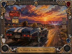 A dark blue 1970s convertible races along Route 66 beneath a fiery orange, gold, and violet sunset, carrying two windblown travelers toward distant concert lights. Rich oil-painted textures, glowing motel neon, highway signs, and sweeping road reflections create carefree motion, while an ornate chrome-and-gold guitar-themed frame reinforces the nostalgic rock-and-roll atmosphere.