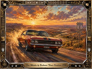 A fiery red 1970s muscle car charges along a winding open highway beneath a glowing sunset, surrounded by rugged plains and distant mesas. Rich oil-painted brushwork, warm oranges, golds, and purples create a free-spirited classic-rock mood, while chrome, guitar strings, records, musical notes, and an engraved title plate decorate the ornate frame.