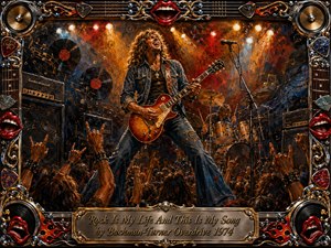 A fierce 1970s rock guitarist commands a crowded stage beneath blazing amber, red, and white lights, backed by drums, amplifiers, vinyl records, and raised hands. Thick oil-paint textures create raw energy and motion. An ornate chrome-and-gold musical frame with red lips surrounds the scene, anchored by an engraved title plate.