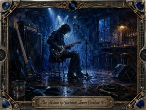 A solitary guitarist plays in a dim, rain-soaked blues bar, surrounded by amplifiers, bass guitars, cables, vinyl records, and an untouched whiskey glass. Deep cobalt blues dominate the moody oil-painted scene, pierced by cold stage light and warm amber lamps. An ornate metallic music-themed frame and engraved title plate complete the nostalgic composition.