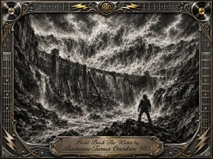 A lone figure confronts a colossal dam straining against raging floodwaters in a jagged canyon beneath lightning-filled storm clouds. Deep charcoal blacks, smoky grays, and bright white spray create fierce contrast and dramatic motion. An ornate chrome-and-gold rock-inspired frame, guitar-string details, vinyl motifs, and engraved title plate complete the powerful composition.