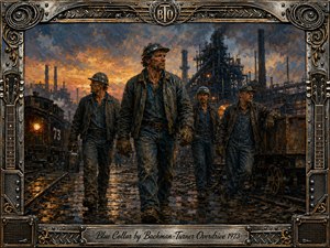 Four weathered blue-collar workers stride through a sprawling steel mill at sunset, their dark denim and work jackets illuminated by fiery amber light. Heavy industrial structures, rail tracks, smoke, and machinery create a rugged atmosphere. Thick painterly textures, deep blues, rusted oranges, and an ornate metal-and-guitar frame reinforce working-class strength and resilience.