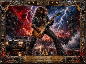 A fierce long-haired guitarist dominates a stormy highway-concert scene, framed by towering speakers, a classic muscle car, raised crowd silhouettes, smoke, sparks, and lightning. Deep reds, steel blues, chrome, and gold glow under dramatic lighting. Thick oil-like textures and rugged metallic ornamentation create a powerful, defiant, unbreakable rock atmosphere.