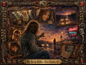 A nostalgic 1970s rock collage centers on a denim-clad figure beside a rain-slicked roadside at sunset, surrounded by framed concert, portrait, jukebox, and highway memories. Warm amber, rust, violet, and neon tones glow through painterly textures, while guitars, records, microphones, chrome details, and a brass title plate enrich the ornate frame.