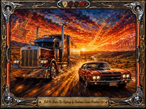 A powerful semi truck and classic muscle car thunder along a winding highway beneath a fiery sunset, capturing freedom, speed, and open-road adventure. Rich oranges, reds, golds, and deep blues glow through expressive oil-like brushwork, while ghostly guitars and musical light trails merge with the sky inside an ornate chrome-and-gold frame.
