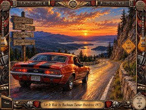 A vivid oil-painted mountain highway scene follows a red vintage muscle car cruising toward a radiant orange sunset above distant peaks and shimmering water. Warm gold, crimson, blue, and charcoal tones create an adventurous, nostalgic mood, framed by guitars, chrome hardware, amplifiers, road signs, and an engraved Let It Ride title plate.