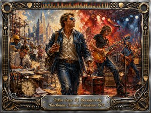 A confident worker strides between a bustling city workday and a roaring rock stage, linking labor with celebration. Rich acrylic-like textures blend steel blues, fiery reds, gold, and amber under sunlight and concert beams. An ornate chrome-and-gold music frame, guitars, amplifiers, cables, and an engraved title plate complete the energetic tribute.