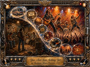 A fiery 1970s rock concert erupts beside a gritty rehearsal space, linked by glowing memory bubbles tracing an energetic S-curve. Rich amber, crimson, black, and chrome tones shimmer beneath dramatic stage lights. Painterly textures, roaring crowds, guitars, drums, vinyl, and ornate gold-trimmed framing create a nostalgic, triumphant atmosphere of unstoppable momentum.