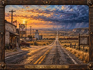 A weathered prairie highway stretches toward a distant skyline beneath a dramatic sunset, evoking freedom, endurance, and restless travel. Golden fields, abandoned storefronts, utility poles, a passing freight train, and storm-dark clouds create rugged depth. Rich amber and blue tones, painterly textures, and an ornate guitar-inspired wooden frame reinforce the classic rock atmosphere.
