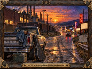 A weathered pickup and guitar case rest beside an industrial road leading toward glowing nightlife at sunset. Rusted factories, power lines, neon signs, and wet pavement create a gritty working-class atmosphere. Warm oranges and reds contrast with deep blues, while detailed painterly textures, reflections, and a rugged musical frame suggest escape and weekend freedom.