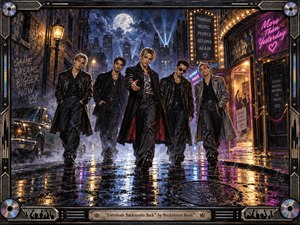 Five stylish young men stride through a rain-slick midnight alley, framed by neon club lights, brick walls, and a glowing full moon over the city skyline. Reflections shimmer in violet, gold, and blue across the pavement, while the richly textured, painterly style and ornate music-themed frame create a dramatic, nostalgic, celebratory mood.