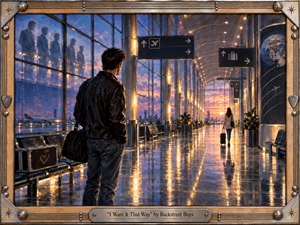 A solitary man watches a woman depart through a vast glass airport terminal at sunset, evoking longing, distance, and unresolved love. Warm amber reflections stretch across polished floors beneath cool blue skies, while ghostlike figures linger in the windows. A handcrafted metallic frame with musical details completes the cinematic, nostalgic composition.