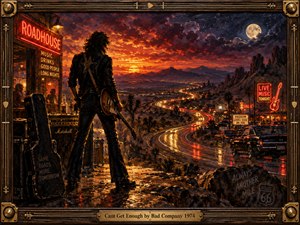 A lone guitarist overlooks a winding desert highway glowing with headlights and neon roadhouse signs. Fiery orange sunset clouds blend into a moonlit purple sky above rugged mountains. Richly textured oil painting captures restless freedom and classic rock energy, enclosed in an ornate wooden frame with brass guitar details.