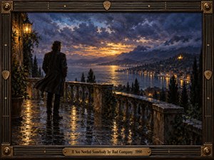 A solitary man stands on a rain-soaked stone terrace overlooking a glowing coastal town at sunset. Golden reflections shimmer across the water beneath dramatic blue and violet storm clouds. This atmospheric oil painting captures romantic longing and quiet hope, enclosed in an ornate guitar-inspired bronze and dark wood frame.