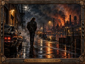 A solitary man in a leather jacket walks along a rain-soaked industrial street beneath a troubled moon. A vintage car, towering factories, and distant flames frame the scene. Fiery orange reflections cut through blue-black shadows and rising smoke. Rich oil-paint textures and a guitar-inspired metal frame heighten the brooding atmosphere.