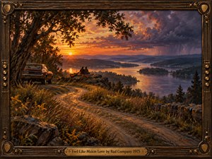 An intimate couple sits above a winding river at sunset, beside a vintage car and guitar. Golden light warms wild grasses and rugged rocks while violet storm clouds gather over distant hills. Rich, textured oil brushwork captures romantic anticipation, framed by ornate dark wood, bronze guitar details, and an engraved title plate.