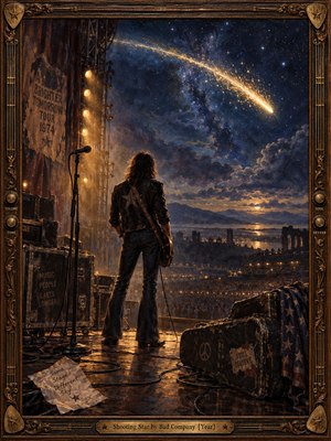 A lone long-haired guitarist stands on a weathered concert stage beneath a blazing shooting star, gazing toward distant lights and dark mountains. Amber spotlights illuminate microphones, battered equipment, and scattered cables against an indigo night sky. Richly textured oil painting and an ornate bronze frame evoke fleeting fame and melancholy.