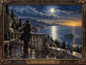 A solitary man in a dark coat gazes across a moonlit coastal bay from a rain-soaked stone terrace. Silver reflections shimmer beneath dramatic blue clouds as golden light warms distant cliffs and villages. Scattered roses, a guitar case, and an ornate bronze frame enhance the nostalgic, romantic oil painting.
