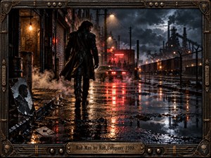 A lone leather-clad man strides through a rain-soaked industrial street beneath stormy skies. Crimson taillights and amber streetlamps shimmer across wet pavement as steam curls around abandoned buildings. A cracked mirror and playing card suggest danger and fractured identity. Cinematic noir photography is enclosed within an ornate, guitar-inspired bronze frame.