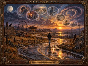 A lone traveler follows a winding, rain-soaked road toward a golden sunset beneath swirling violet clouds. Floating bubbles reveal memories of love, music, and passing time, while an abandoned carnival fades into the distance. Rich oil-painted textures, glowing reflections, and an ornate bronze-and-wood musical frame evoke nostalgia, mystery, and hope.