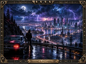 A lone man stands beside a black muscle car overlooking a sprawling electric city beneath a lightning filled sky. Violet clouds, moonlight, glowing skyscrapers, and shimmering waterfront reflections create a mysterious atmosphere. A winding highway leads toward the skyline, framed by ornate brass guitar strings and metallic rock inspired details.