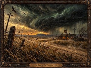 An immense green-black storm sweeps over a lonely, winding dirt road, whipping golden grasses and leaves beneath circling ravens. Leaning utility poles lead toward a lamplit roadside building, while distant rain veils the horizon. Dramatic amber light and textured oil brushwork deepen the ominous mood, framed by carved wood and bronze.