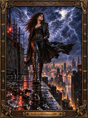 A fearless woman in black leather strides along a rain-soaked rooftop above a glowing city. Lightning splits swirling violet clouds behind her, suggesting wings, while broken chains and shattered glass symbolize freedom. Dramatic blue and amber lighting illuminates this richly textured oil painting, enclosed within an ornate guitar-inspired bronze frame.