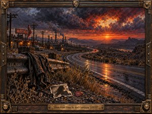 A deserted highway winds past a weathered motel and distant smokestacks beneath a fiery sunset. Crimson and amber light gleams across wet pavement while storm clouds gather overhead. A discarded jacket, torn photograph, and guitar pick suggest heartbreak and departure. Rich oil brushwork and an ornate bronze frame evoke gritty seventies rock.