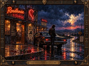A lone man stands beside a black muscle car outside a rain-soaked roadhouse beneath a broken neon heart. Crimson reflections streak the pavement as a winding highway disappears into stormy blue mountains. A fallen rose and spilled glass evoke heartbreak in this richly textured oil painting, enclosed by an ornate guitar-themed frame.