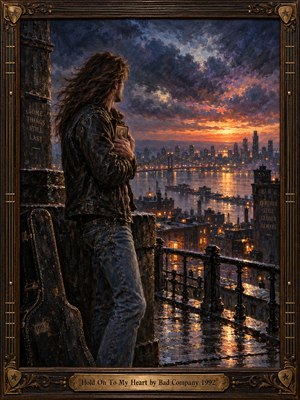 A solitary long-haired man in a weathered leather jacket clutches a treasured photograph overlooking a rain-soaked city harbor at sunset. Fiery orange light illuminates stormy violet clouds, distant bridges, and shimmering rooftops. Rich oil painting textures create a wistful, romantic atmosphere, enclosed within an ornate bronze musical frame.