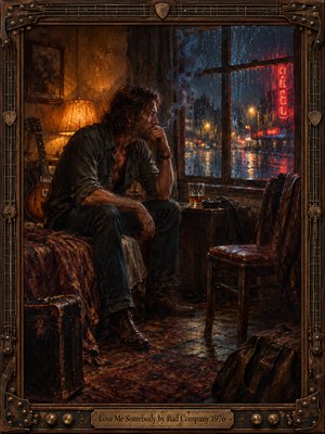 A weary musician sits alone in a dim room, smoking beside a rain streaked window overlooking neon city lights. Amber lamplight warms his rugged face while blue and crimson reflections deepen the loneliness. A guitar, whiskey glass, empty chair, and battered luggage enrich the textured oil painting, enclosed by an ornate bronze frame.