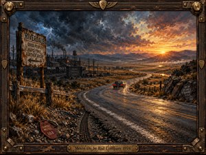 A lone vintage car follows a winding, rain-slick highway away from a smoky industrial town toward a golden sunrise. Storm clouds brood over distant mountains, while roadside signs, scattered debris, and rugged grass evoke restless departure. Rich oil brushwork and an ornate, guitar-inspired brass frame heighten the nostalgic rock atmosphere.