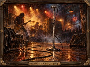 A smoky 1970s rock stage glows beneath fiery amber and crimson lights as a shadowy guitarist and drummer perform behind a gleaming microphone. Coiled cables cross reflective wooden floorboards beside a whiskey glass and battered equipment. Expressive oil brushstrokes blend deep blue haze, cheering silhouettes, and ornate brass-trimmed wood.