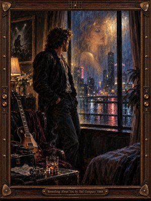A solitary rocker stands beside a rain-streaked window, gazing toward a luminous womans reflection above a neon city. Rich oil brushwork blends midnight blues with warm amber light. A guitar, whiskey glass, and drifting smoke deepen the intimate, wistful atmosphere, while ornate carved wood and bronze frame the scene.
