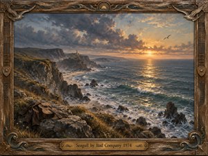 A solitary seagull glides above a rugged coastline at sunset, where golden light breaks through stormy blue-gray clouds and dances across restless waves. An abandoned acoustic guitar rests on grassy rocks, suggesting longing and freedom. Rich oil-painted textures and an ornate weathered wooden frame deepen the nostalgic, contemplative atmosphere.